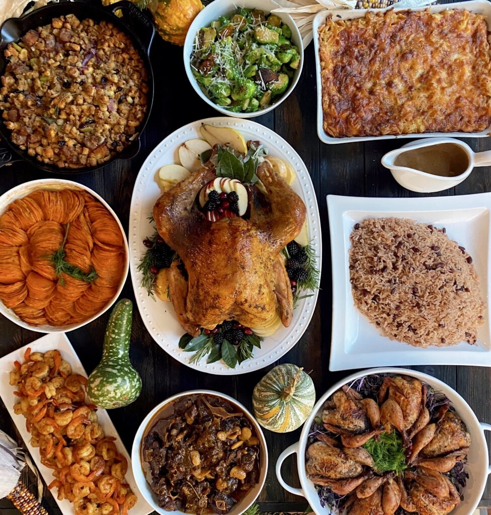 picture of different plates of food fusing traditional Thanksgiving foods with Dominican foods