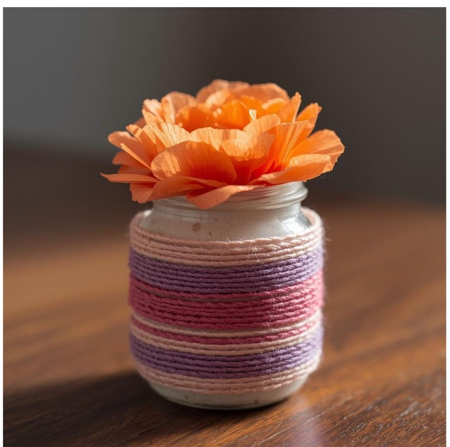 jar wrapped in yarn with tissue paper flower