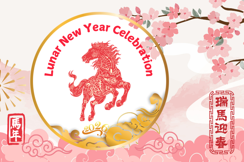 lunar new year celebration in words in a semicircle shape with a red and gold horse in a circle