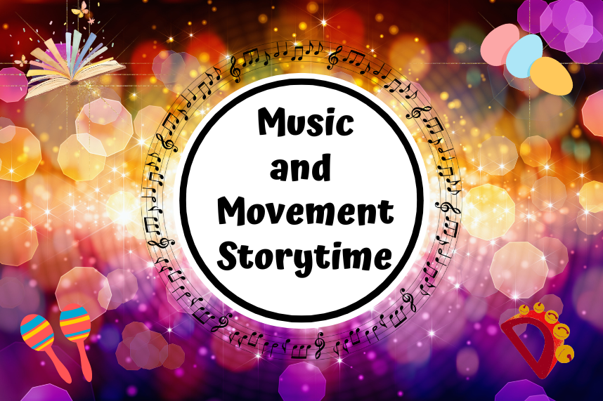 music and movement (text) in a white circle with colorful background